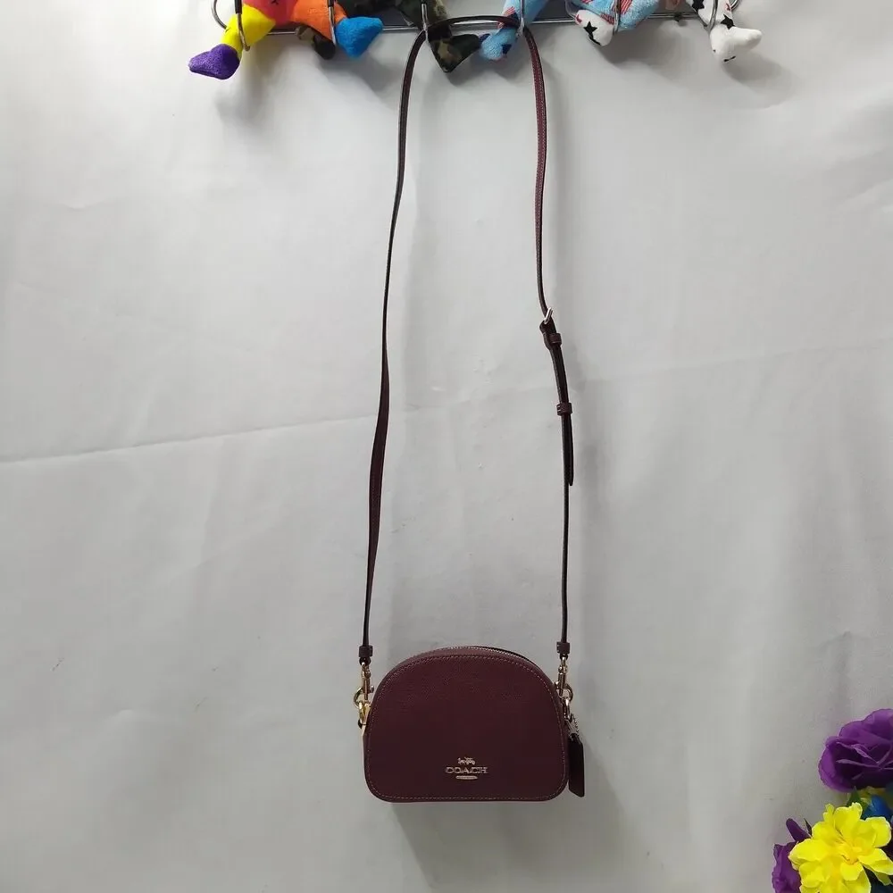 Coach Mini Serena Wine Red Crossgrain Leather Zipper Closure Crossbody Bag